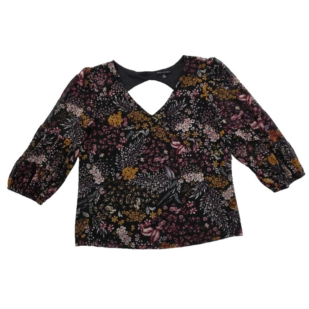 Sara Michelle Peasant Top Womens XL Black Floral Fairy Sleeves Peakaboo Back